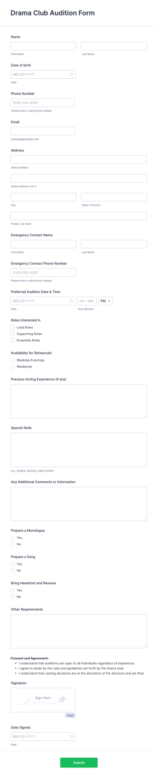Drama Club Audition Form Template