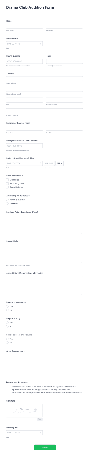Drama Club Audition Form Template
