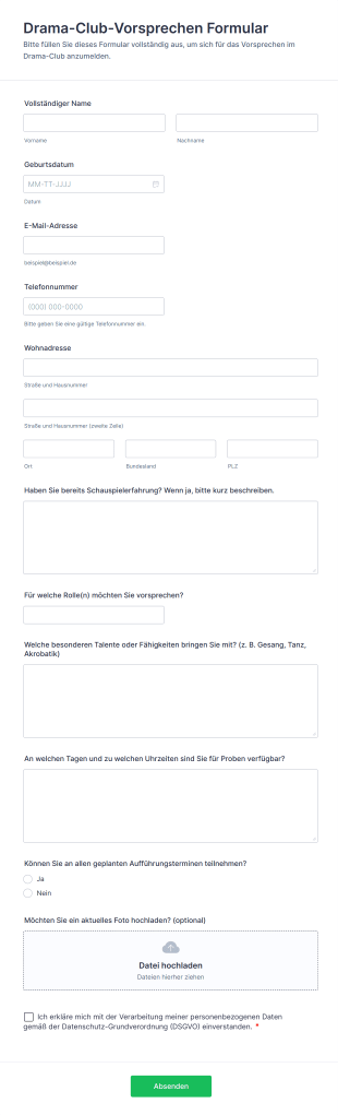 Drama Club Vorsprechen Formular