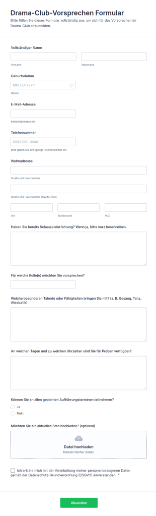 Drama Club Vorsprechen Formular