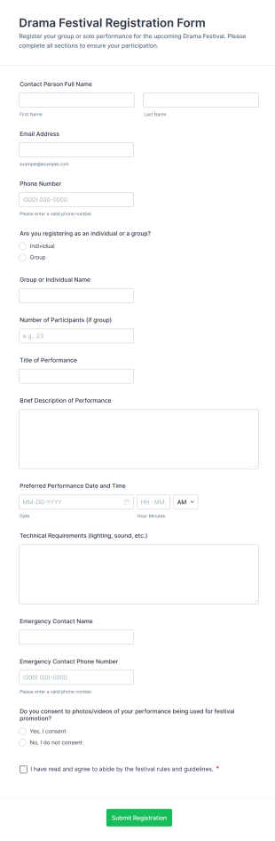 Drama Festival Registration Form Template