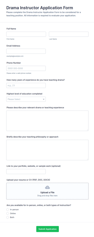Drama Instructor Application Form Template
