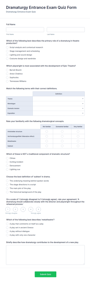 Dramaturgy Entrance Exam Quiz Form Template