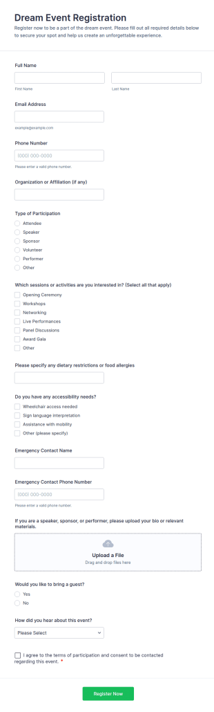 Dream Event Registration Form Template