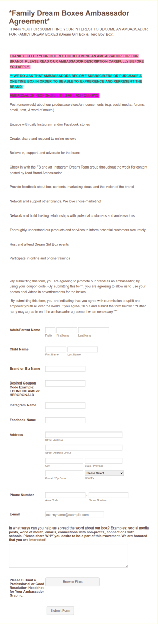 Dream Girl Ambassador Form Template