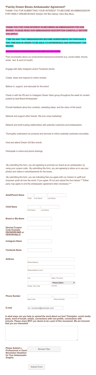 Dream Girl Ambassador Form Template