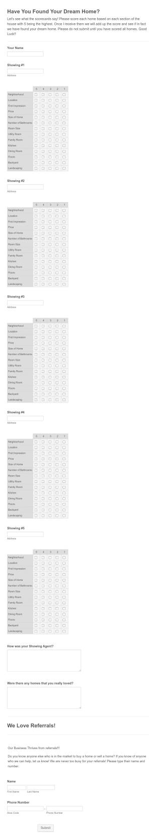 Dream Home Scorecard Form Template