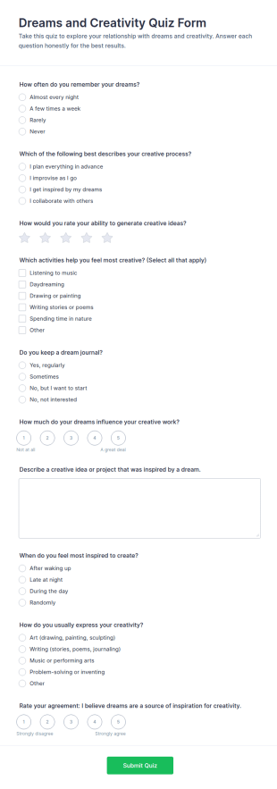 Dreams And Creativity Quiz Form Template