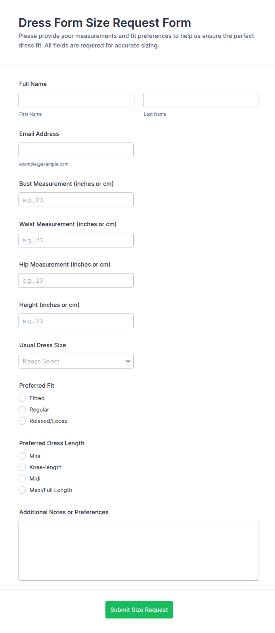 Dress Form Size Request Form | Jotform