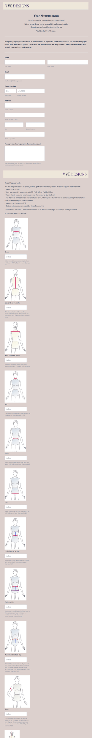 Custom Dress Measurement Form Template