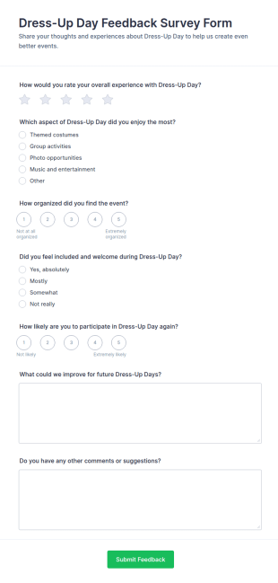 Dress Up Day Feedback Survey Form Template