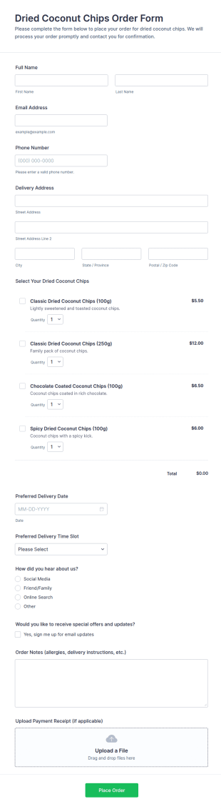 Dried Coconut Chips Order Form Template