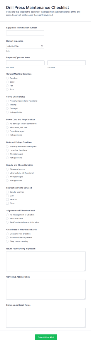 Drill Press Maintenance Checklist Form Template