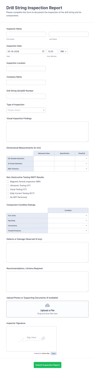 Drill String Inspection Report Form Template