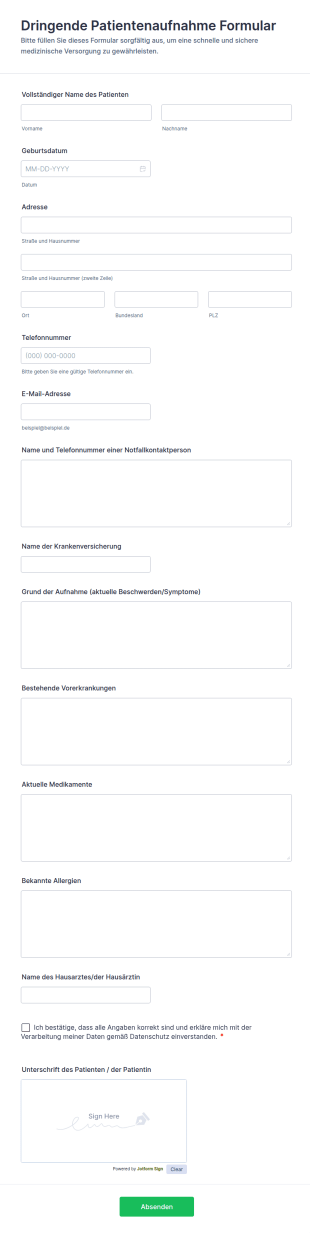Dringende Patientenaufnahme Formular