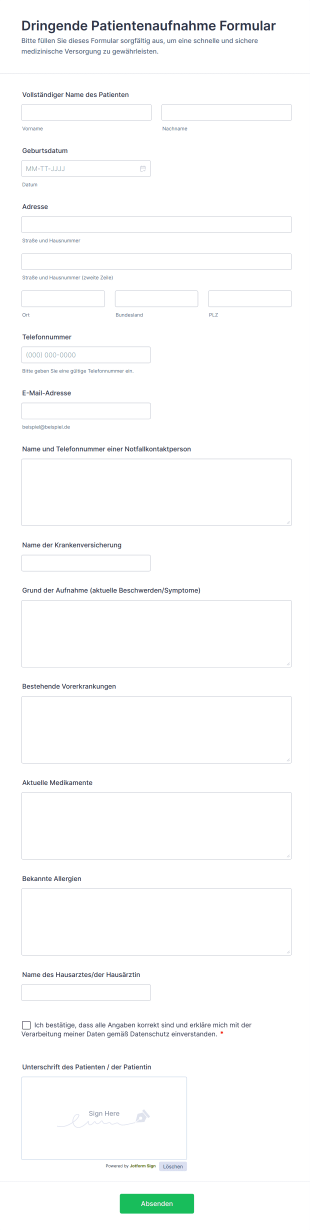 Dringende Patientenaufnahme Formular
