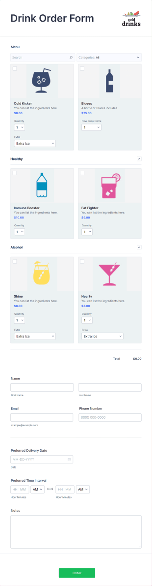 Drink Order Form Template