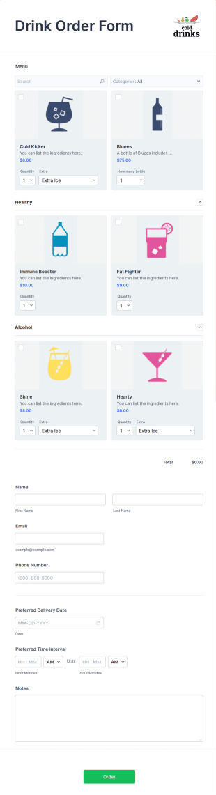 Drink Order Form Template