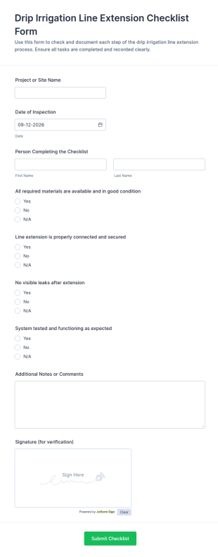 Drip Irrigation Line Extension Checklist Form Template