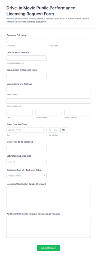 Drive In Movie Public Performance Licensing Request Form Template