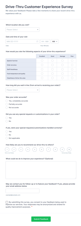 Drive Thru Customer Experience Survey Form Template