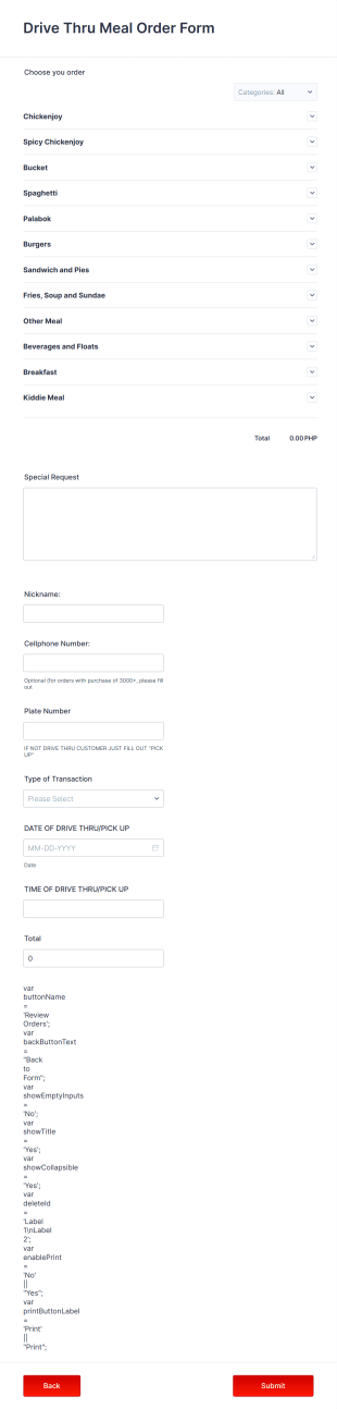 Drive Thru Meal Order Form Template