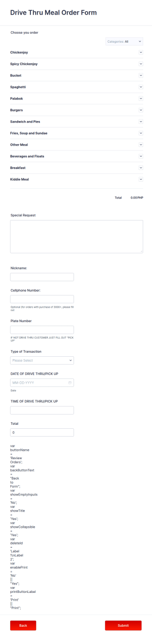 Drive Thru Meal Order Form Template