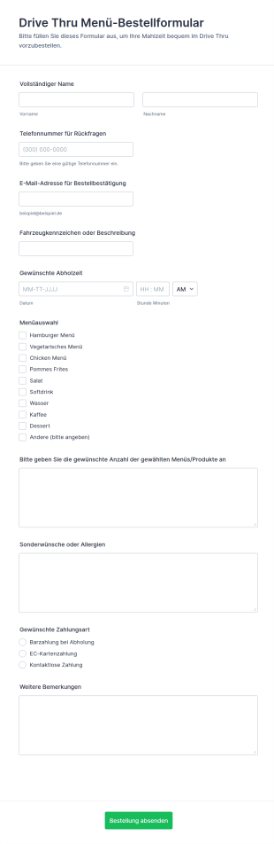 Drive Thru Menü Bestellformular