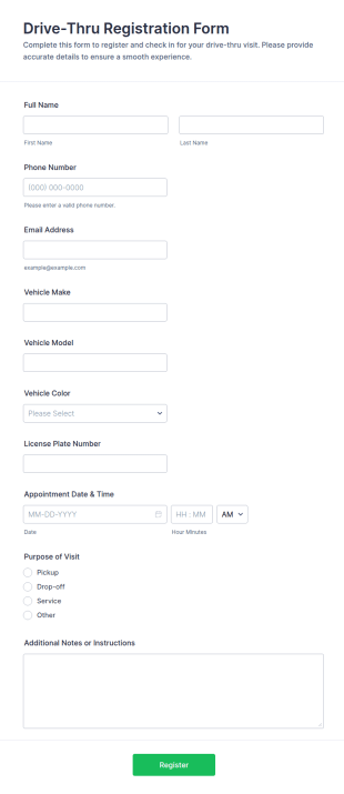 Drive Thru Registration Form Template