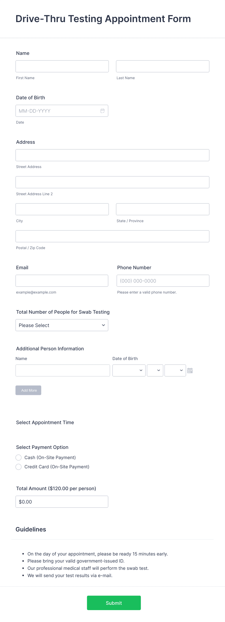 Drive-Thru Testing Appointment Form Template | Jotform