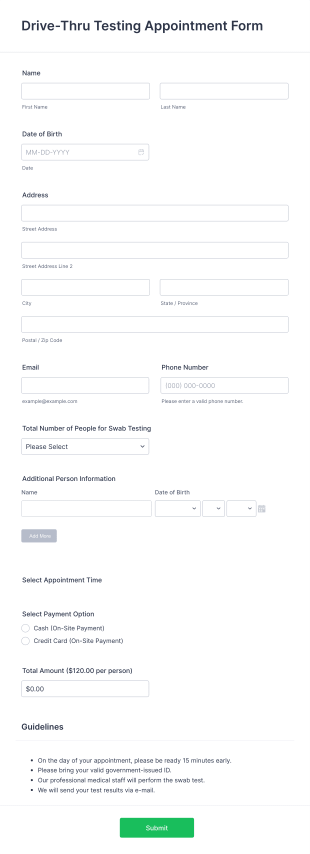 Drive Thru Testing Appointment Form Template