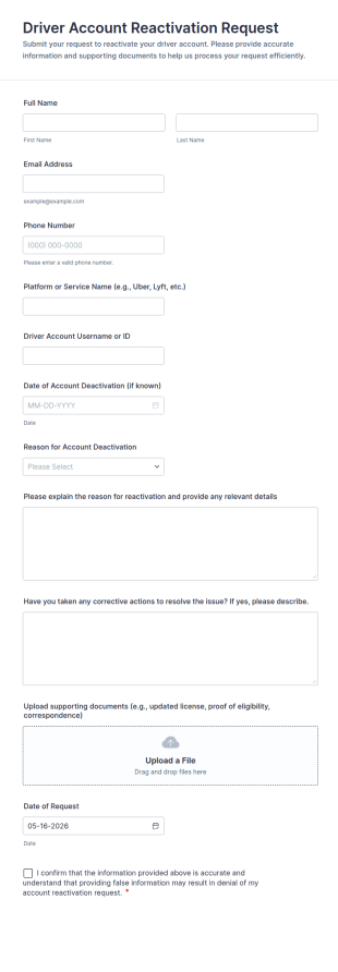 Driver Account Reactivation Request Form Template