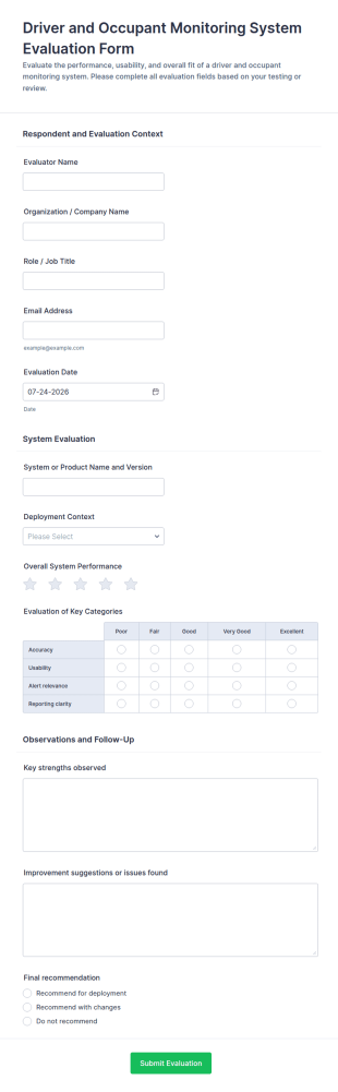 Driver And Occupant Monitoring System Evaluation Form Template