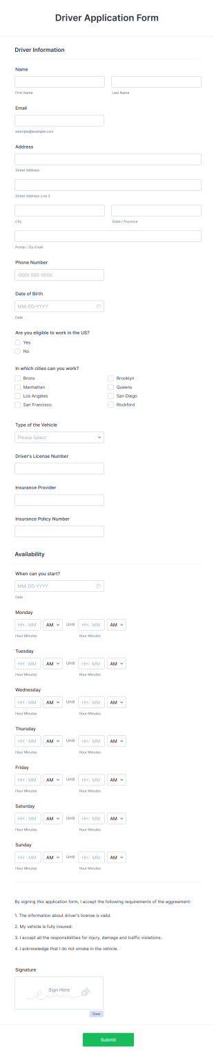 Driver Application Form Template