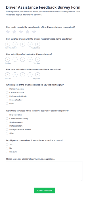 Driver Assistance Feedback Survey Form Template