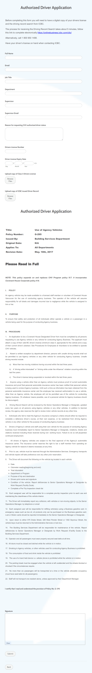 Authorized Driver Application Form Template