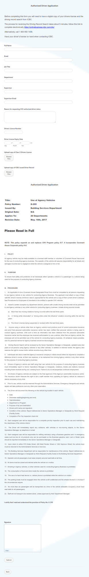 Authorized Driver Application Form Template