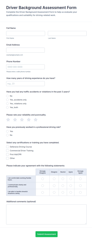 Driver Background Assessment Form Template