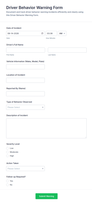 Driver Behavior Warning Form Template