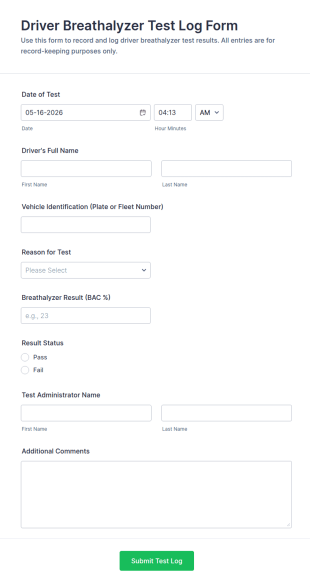 Driver Breathalyzer Test Log Form Template