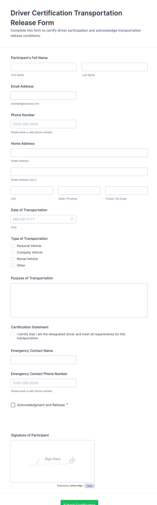 Driver Certification Transportation Release Form Template