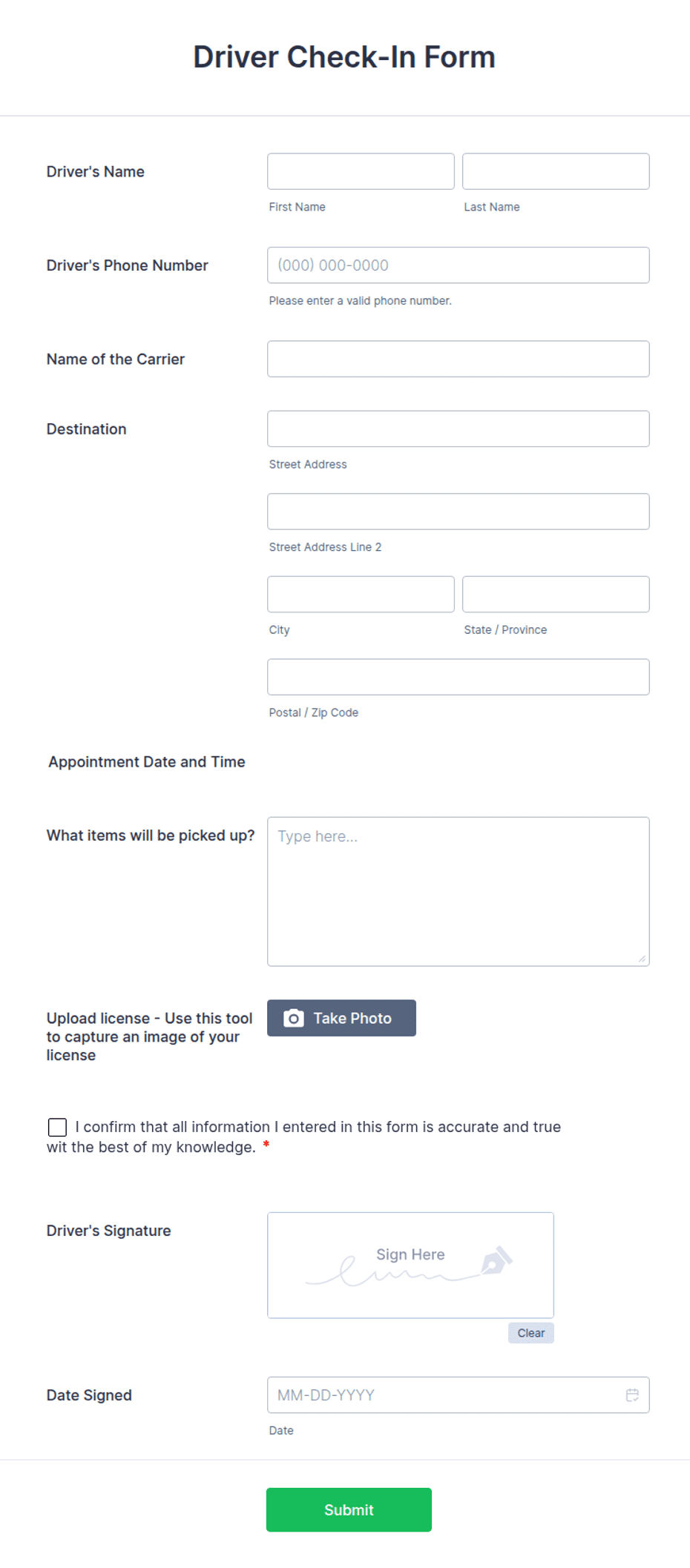 Shipping Driver Check In Driver Check-In Form Template | Jotform