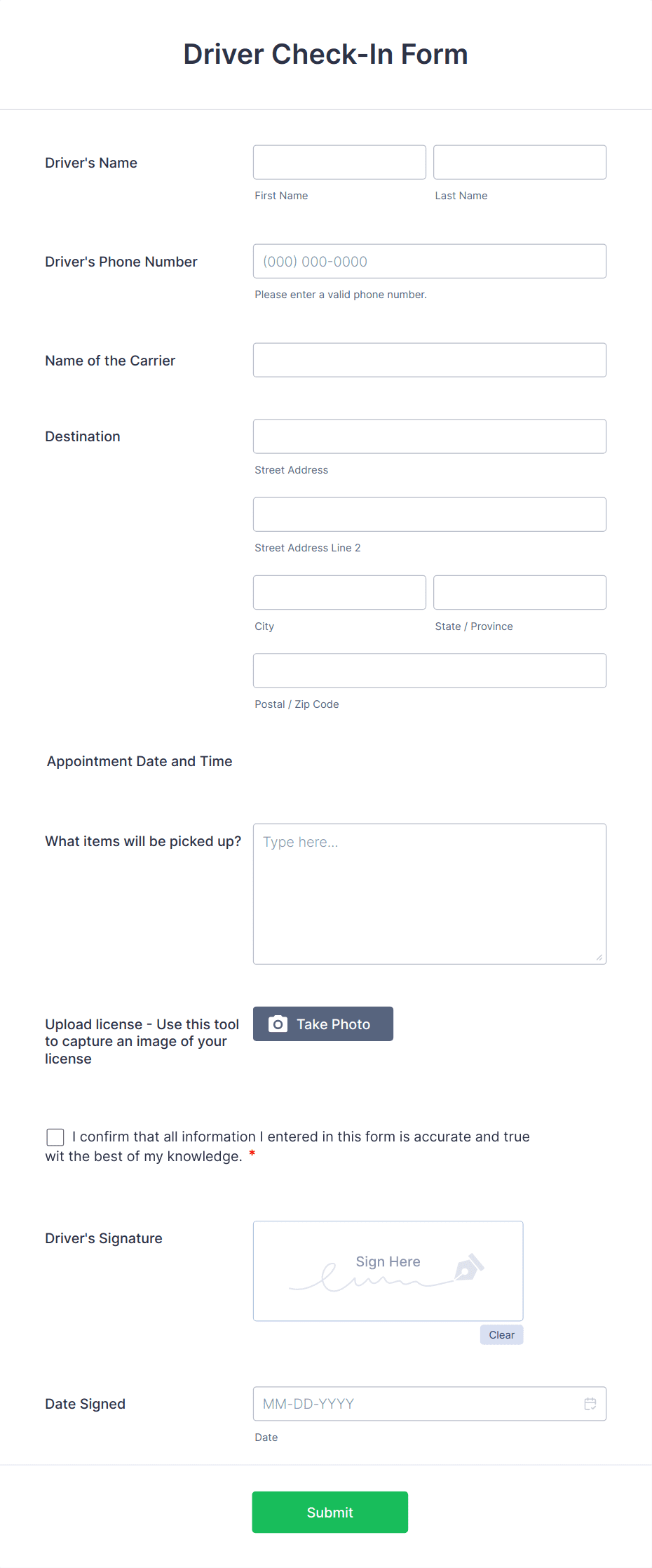 Driver Check-In Form Template | Jotform