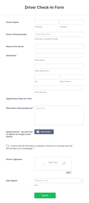 Driver Check In Form Template