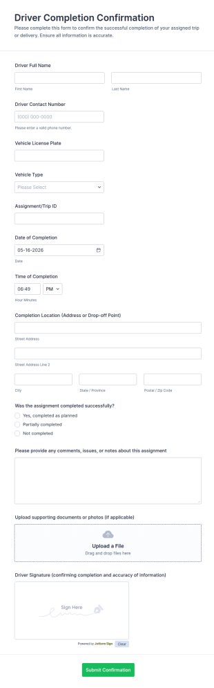 Driver Completion Confirmation Form Template