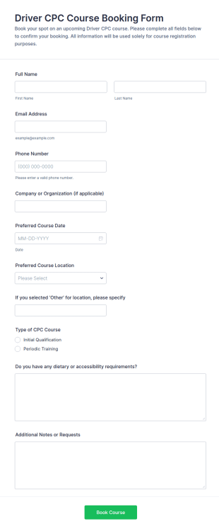 Driver CPC Course Booking Form Template