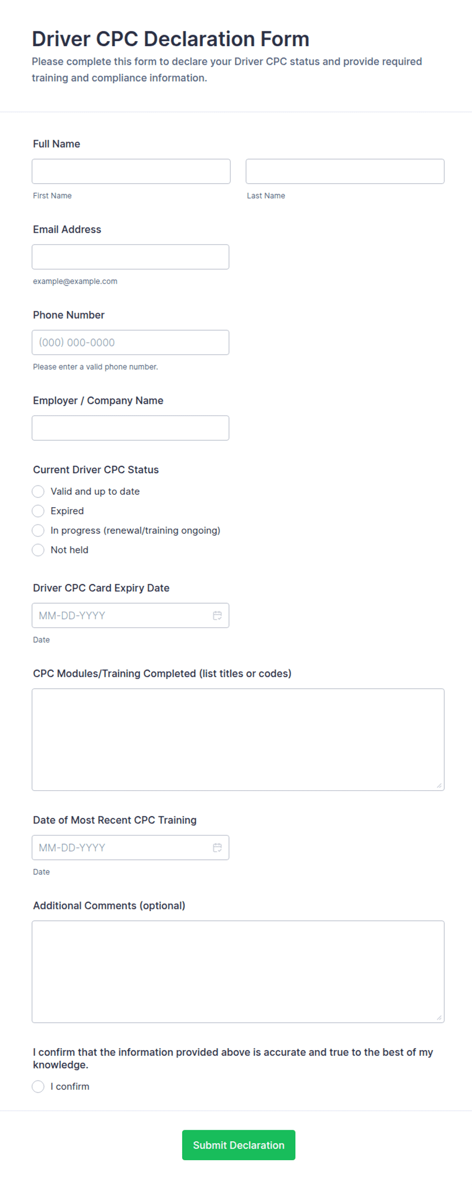 Driver CPC Declaration Form Template | Jotform