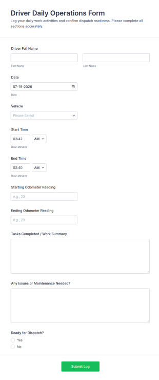 Driver Daily Operations Form Template
