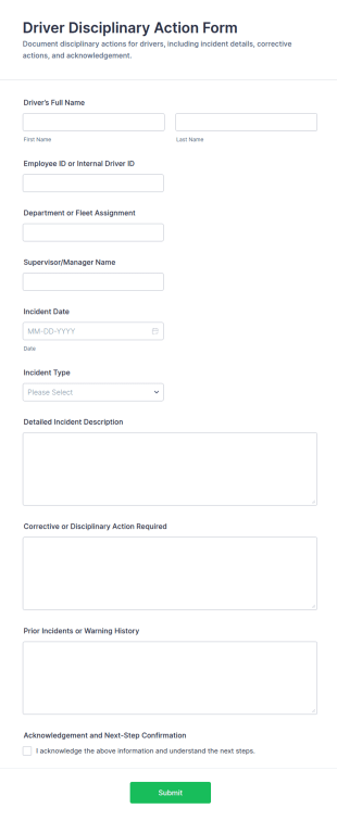 Driver Disciplinary Action Form Template