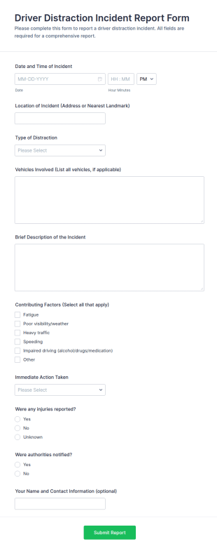 Driver Distraction Incident Report Form Template